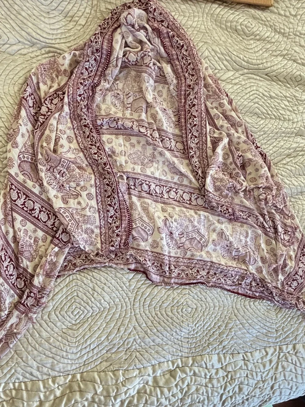 Elephant Print Anthropologie Fringed Wrap Scarf in Cream and Burgundy